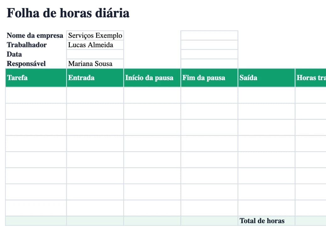 Pré-visualização da folha de horas diária em Excel