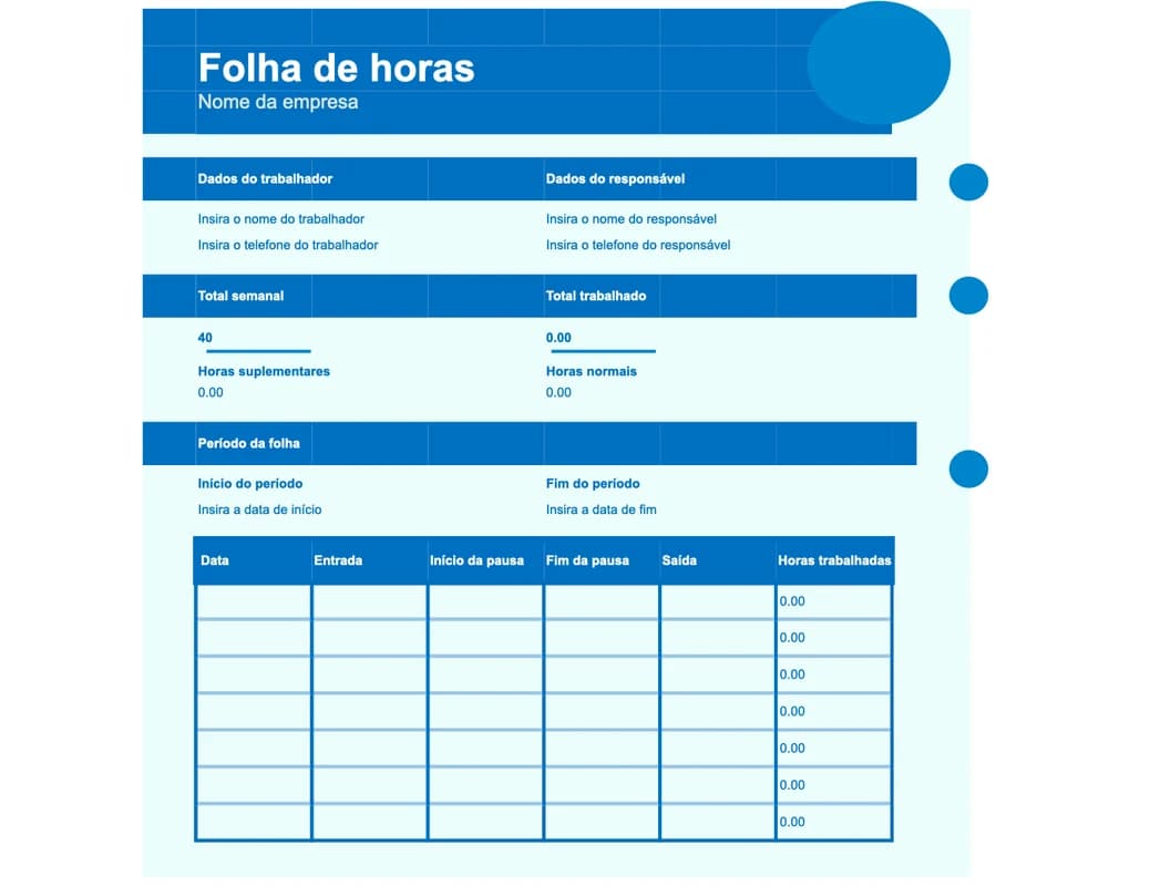 Pré-visualização da folha básica de registo de horas em Excel