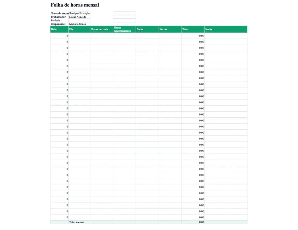Pré-visualização da folha de horas mensal em Excel