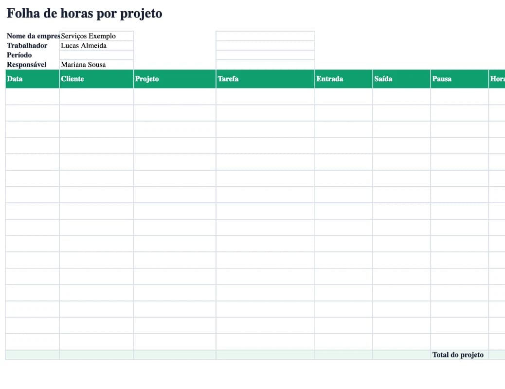 Pré-visualização da folha de horas por projeto em Excel