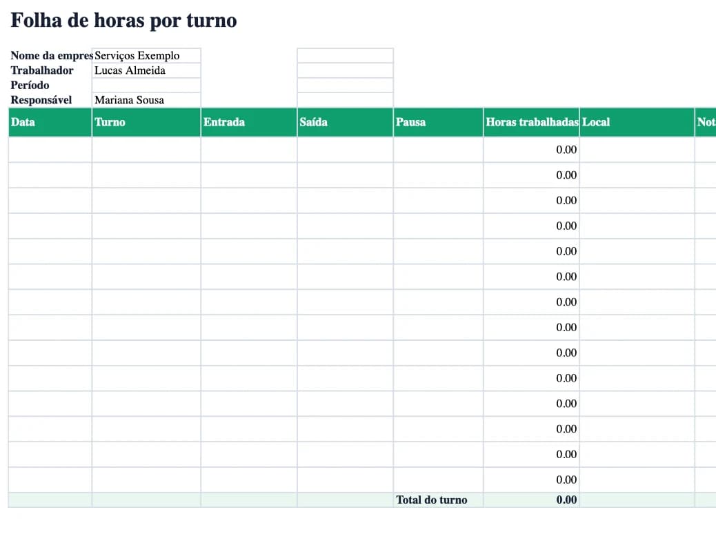 Pré-visualização da folha de horas por turno em Excel