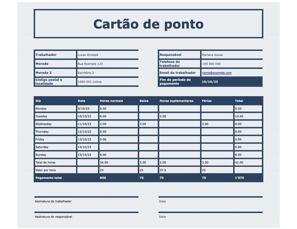 Pré-visualização do cartão de ponto em Excel