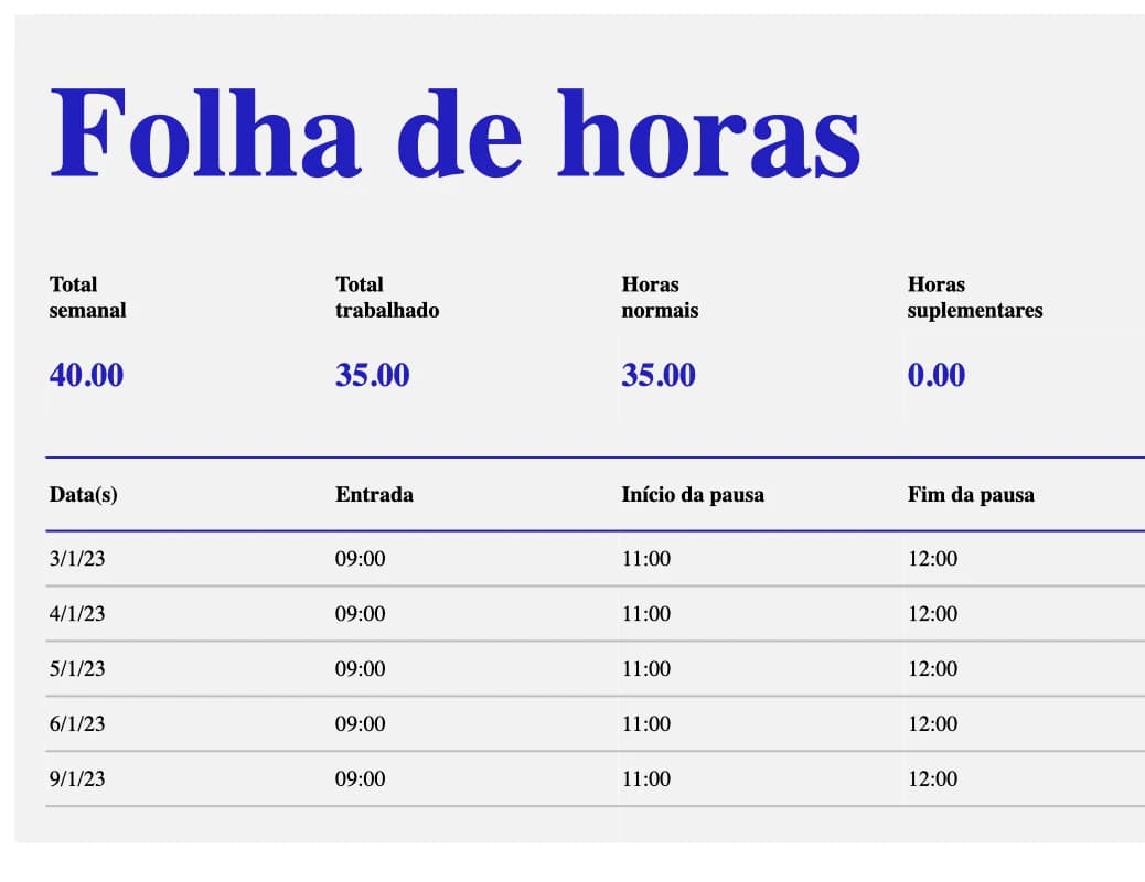 Pré-visualização do modelo Excel de folha de horas semanal