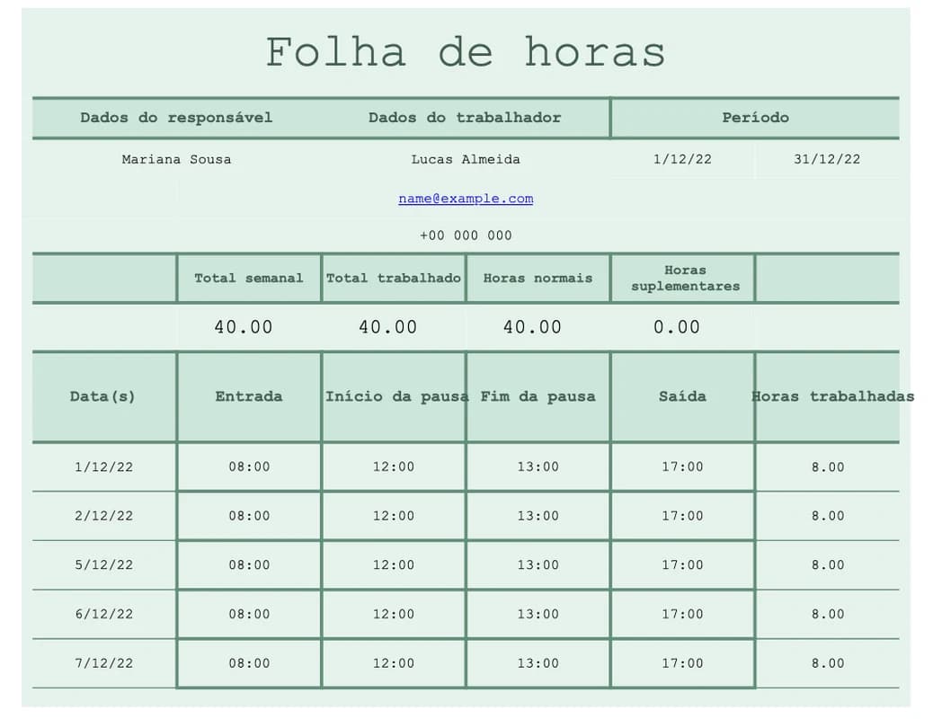 Pré-visualização da folha detalhada de horas em Excel