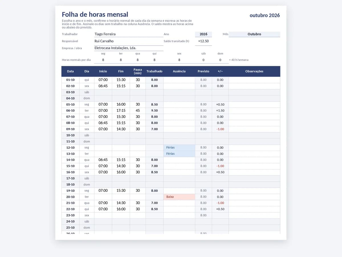 Folha de horas mensal em Excel com datas, coluna de ausências, horas previstas e saldo de horas