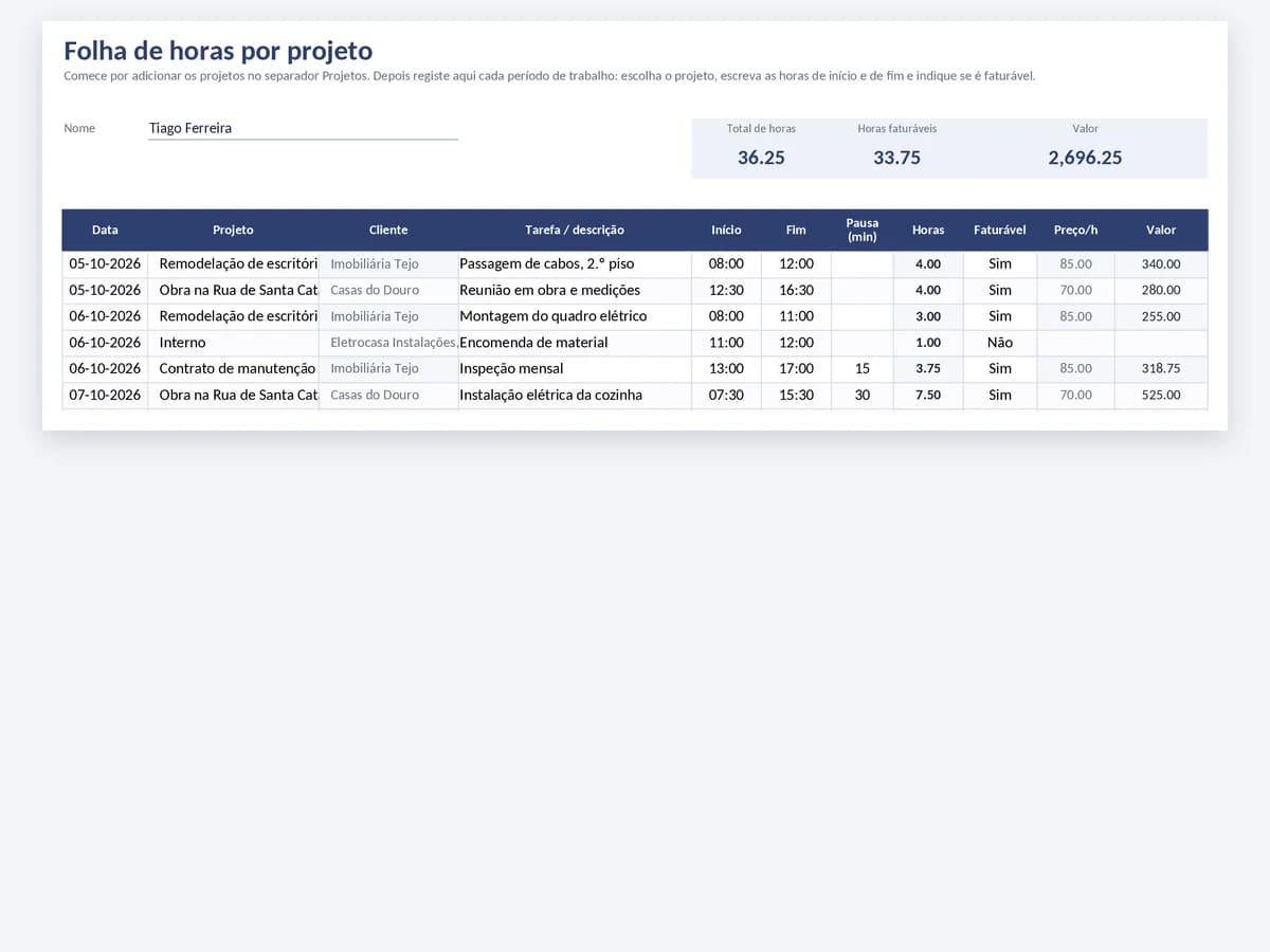 Folha de horas por projeto em Excel com projeto, cliente, tarefa, horas faturáveis e valor