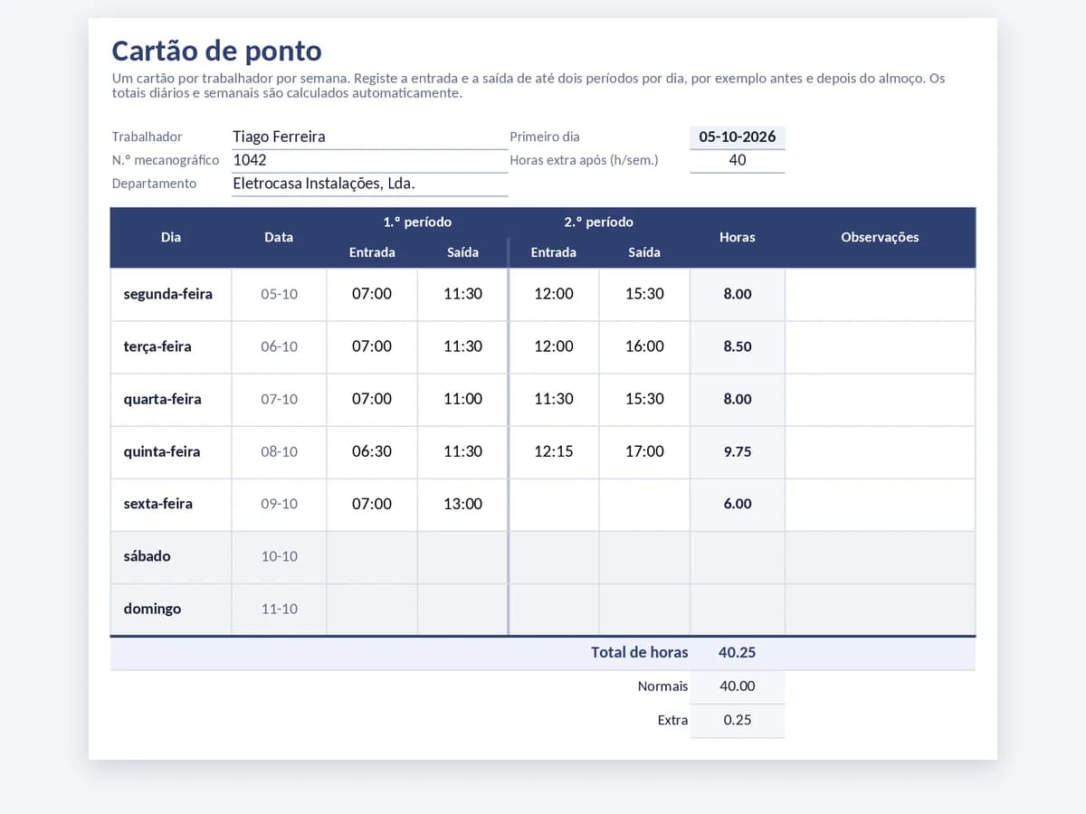 Cartão de ponto semanal com dois períodos de entrada e saída por dia