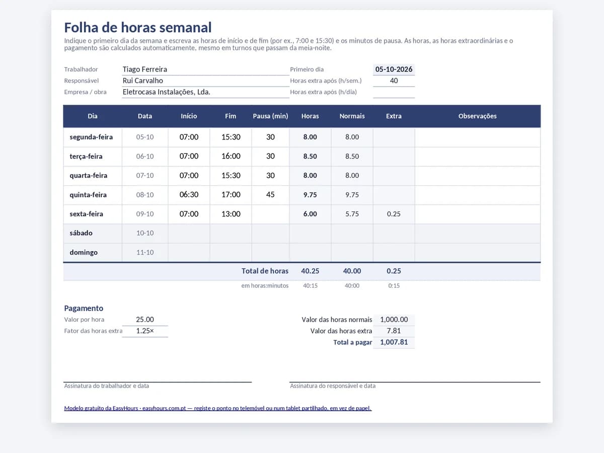 Folha de horas semanal em Excel com colunas de início, fim, pausa, horas extra e pagamento